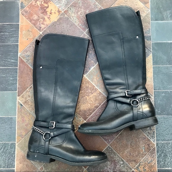 MARC FISHER Black leather chain spur riding boots - Picture 1 of 8